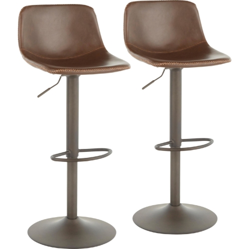 Duke Adjustable Bar Stool in Brown Leatherette & Antique Metal (Set of 2)